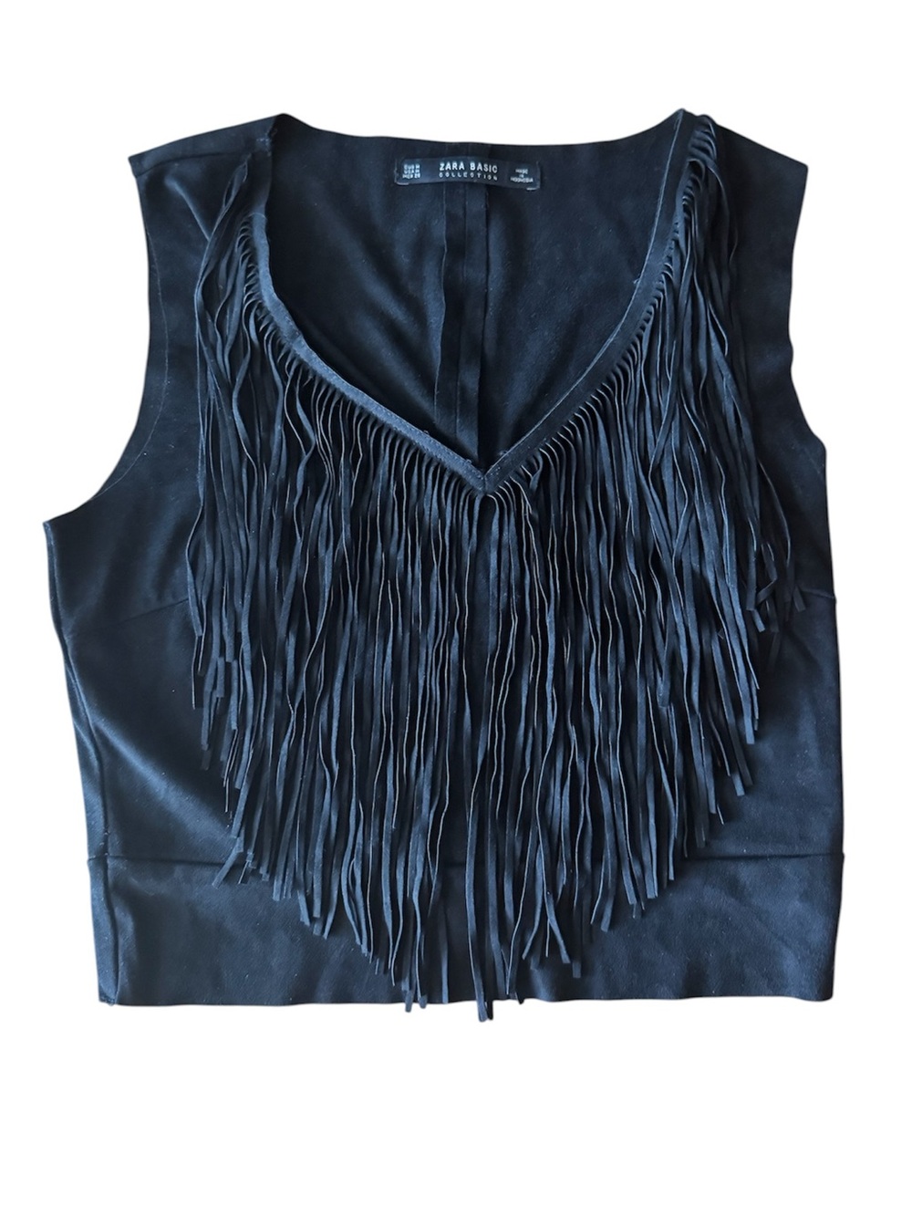 Zara Black Fringed V-Neck Leather-Look Sleeveless Top
